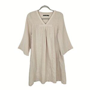 Gudrun Sjoden 100% Linen Dress Embroidered Neutral Tan Cream S